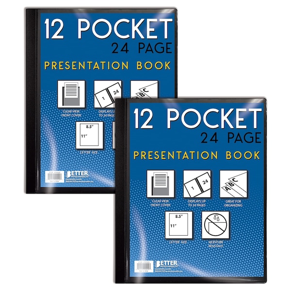 Better Office Products Presentation Book, 12-Pocket, Black, W/Clear View Front Cover, 8.5in. x 11in. Sheets, 2PK 32014 - main